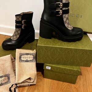 Gucci Kensington GG Supreme Canvas Leather Booties Size 6